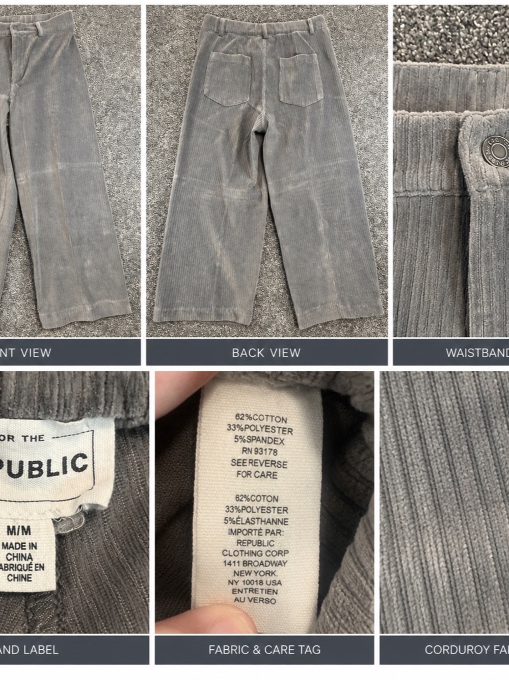For The Republic Women’s M Gray Corduroy Wide Leg Cropped Pants 24” Inseam